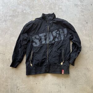 Stash House Jacket Mens XL Black White Print Y2K Full Zip Bomber Spell out
